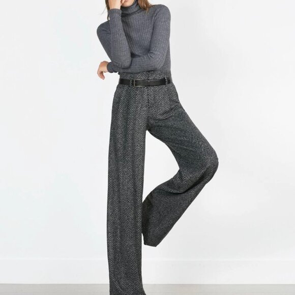 NWT Zara Wool Blend Herringbone Wide Leg Trouser Black White High Rise Pant - Picture 1 of 13